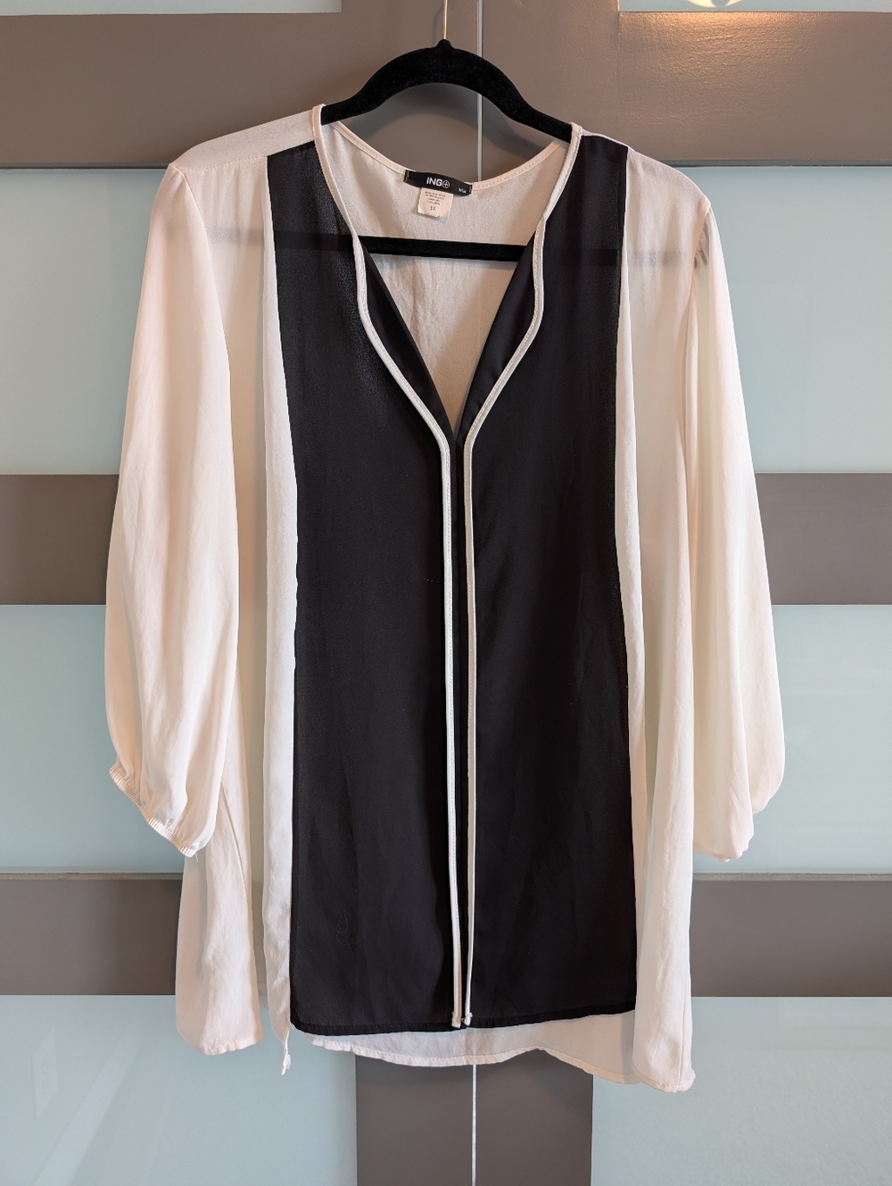 Ing Black and Cream Colorblock V-Neck Blouse